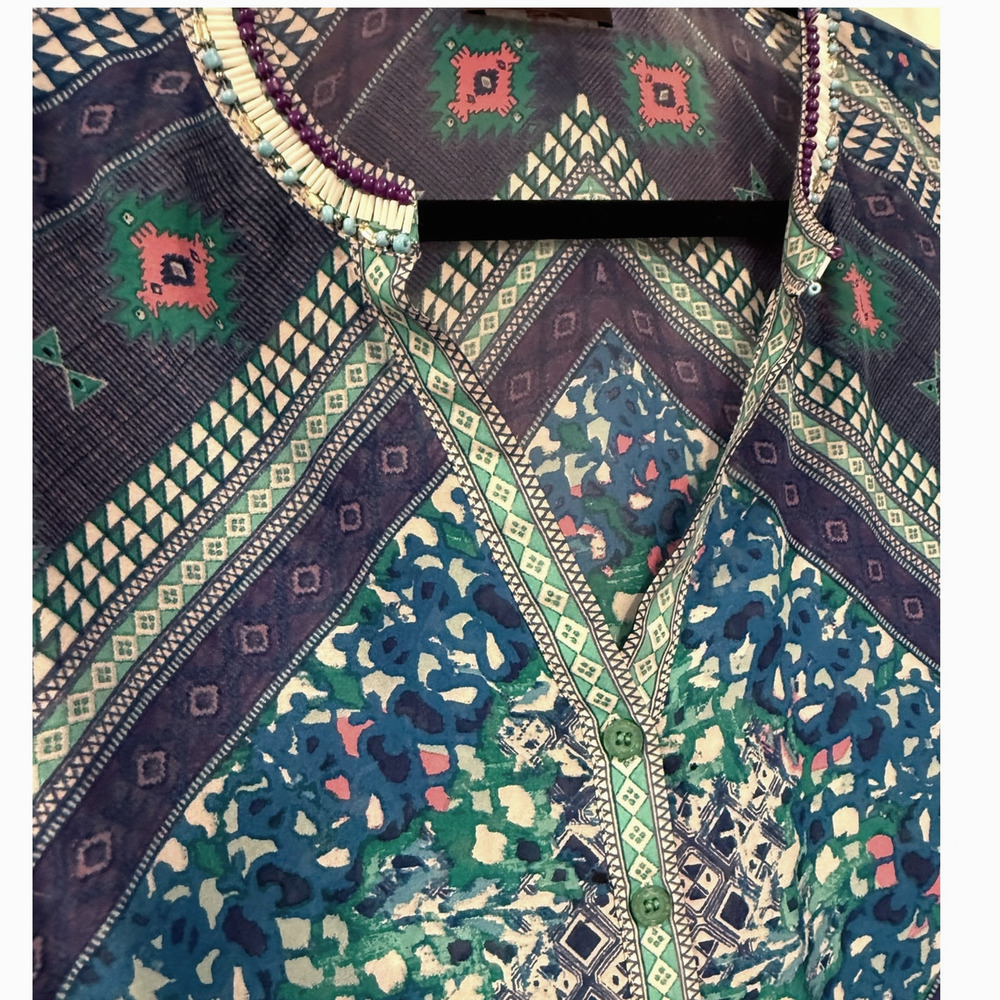 Hale Bob S Beaded Silk Flowy Tunic Top $278 Button Collar Boho Blouse Blue - Picture 9 of 9
